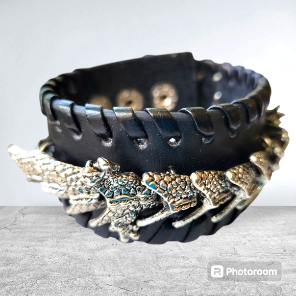Steel Articulated Dragon & Dark Brown Leather Unisex Bracelet Snap Closure 8.5" - Picture 4 of 9